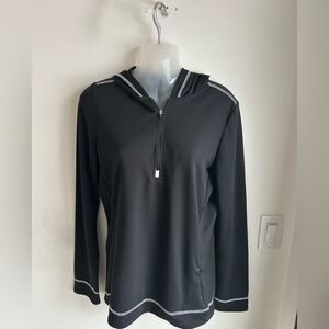 Alo brand Cool Fit 1/4 Zip Hoodie in black color with white trim. Size Large.
